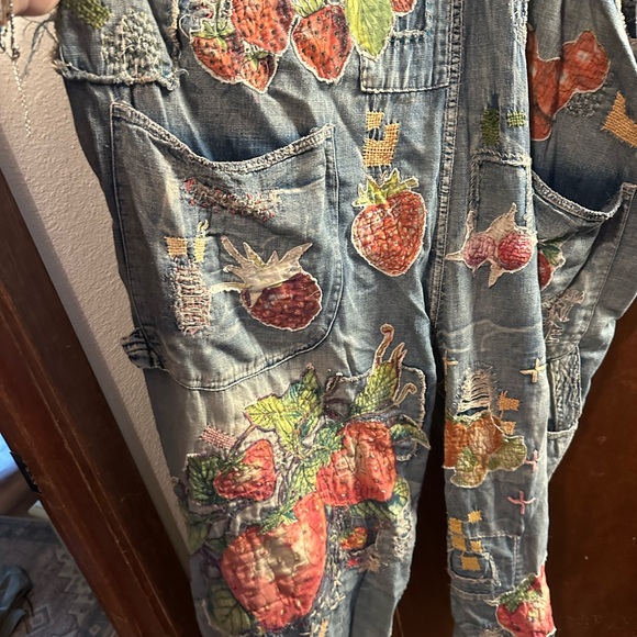 Magnolia Pearl Blue Denim Overalls with Stawberry Embroidery - Picture 4 of 6
